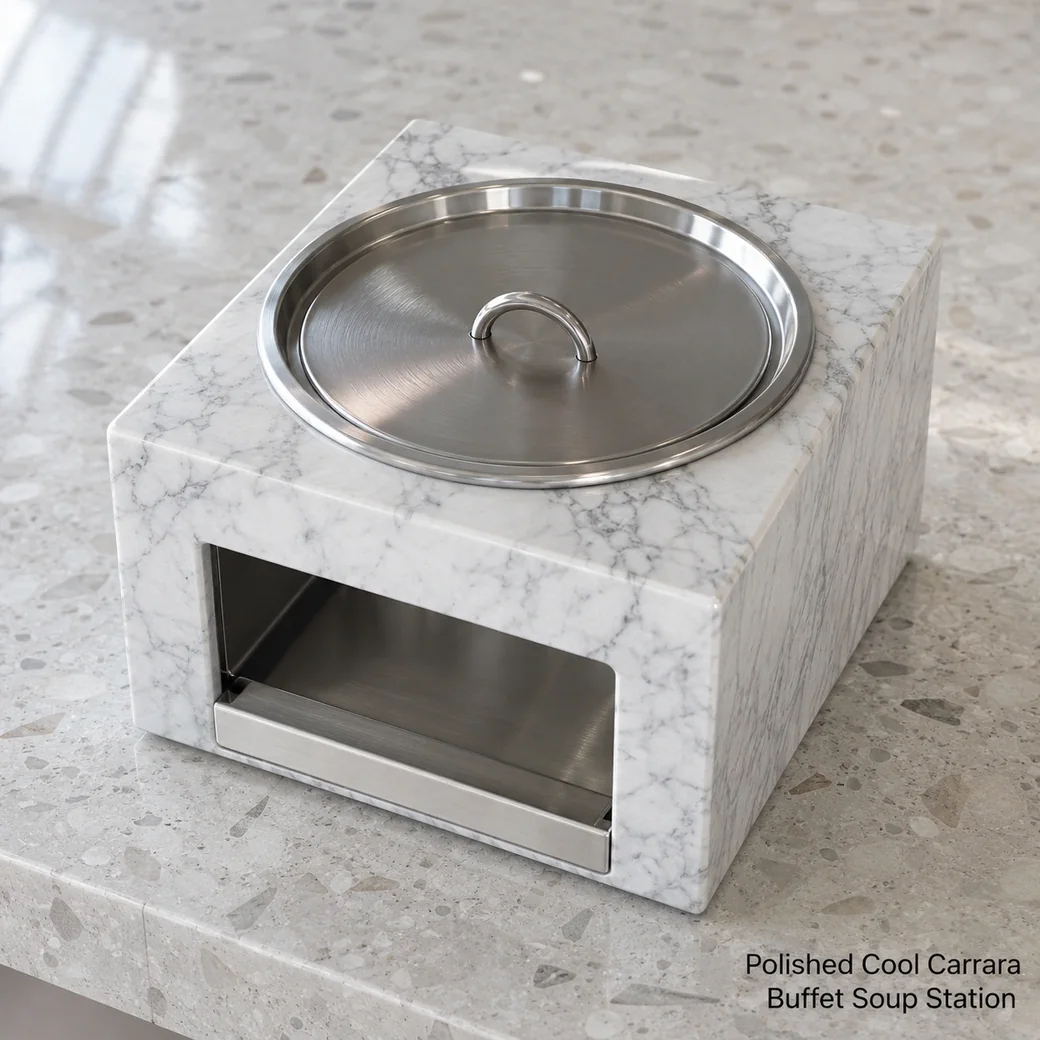 Cool white Carrara soup station on pale terrazzo, high diagonal view showing lid, vessel rim and polished housing.