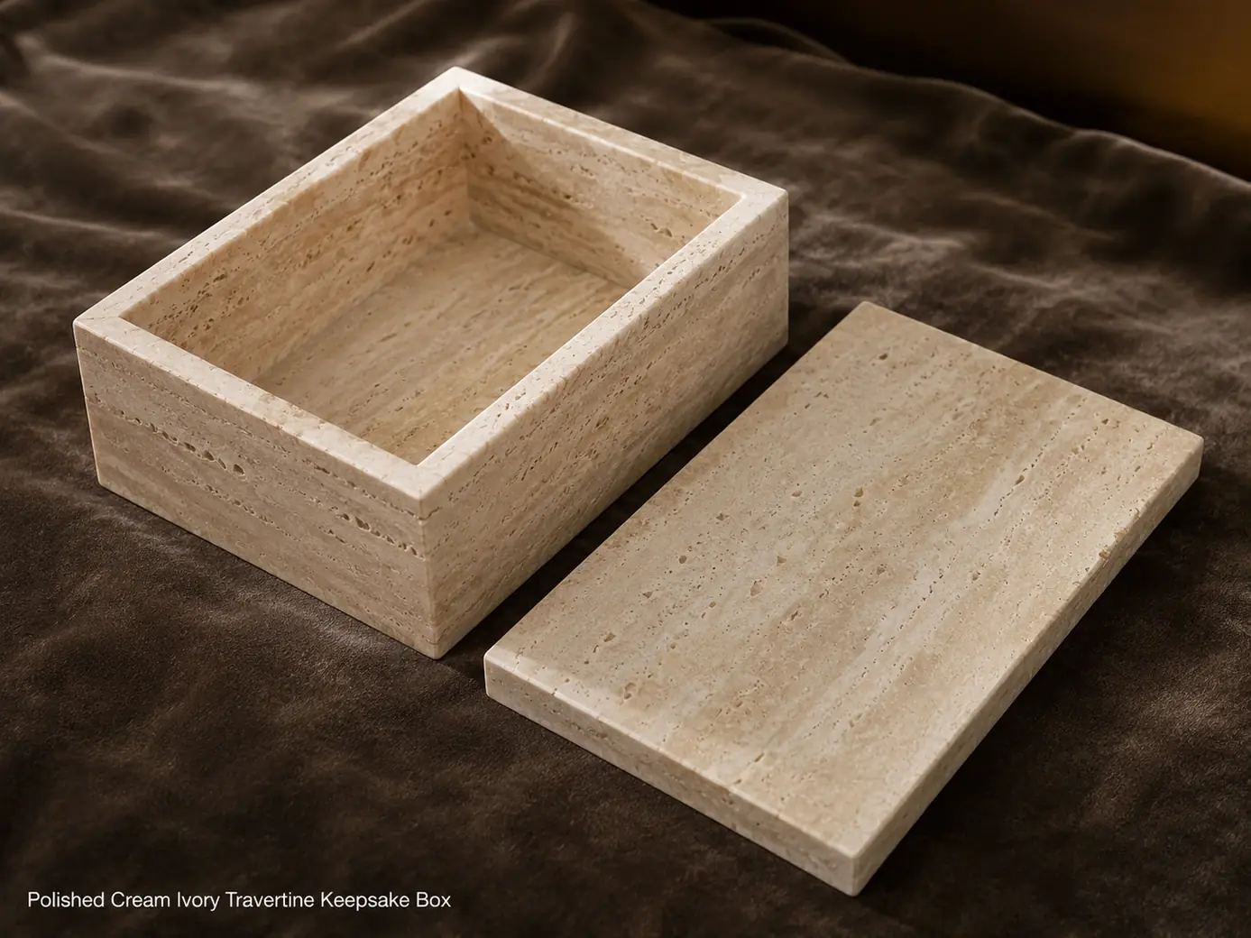 Open cream-ivory travertine keepsake box with its polished lid placed beside it on taupe velvet