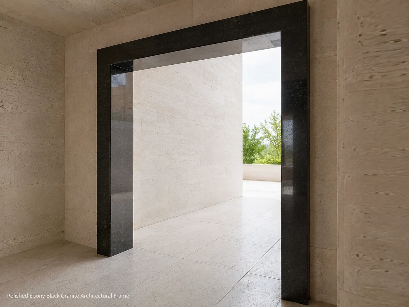 Ebony black granite door frame installed in limestone and viewed through the opening from inside