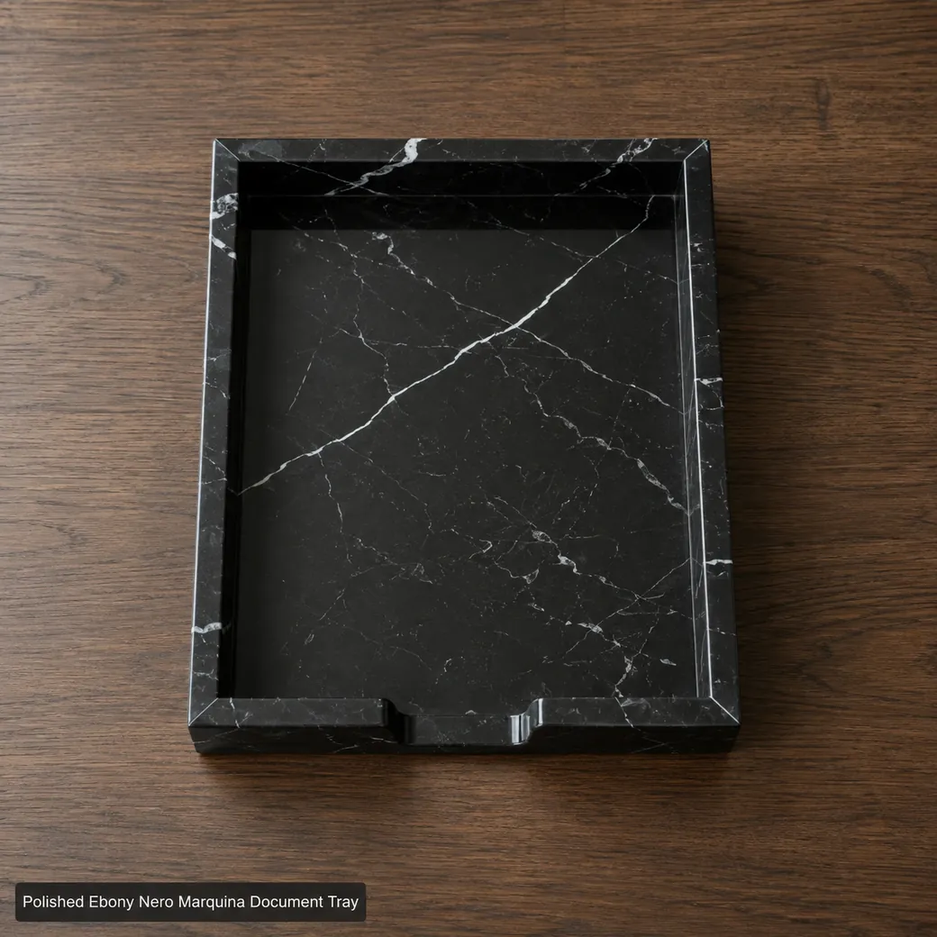 Overhead Nero Marquina office tray on smoked oak with ebony polish and irregular white veining.