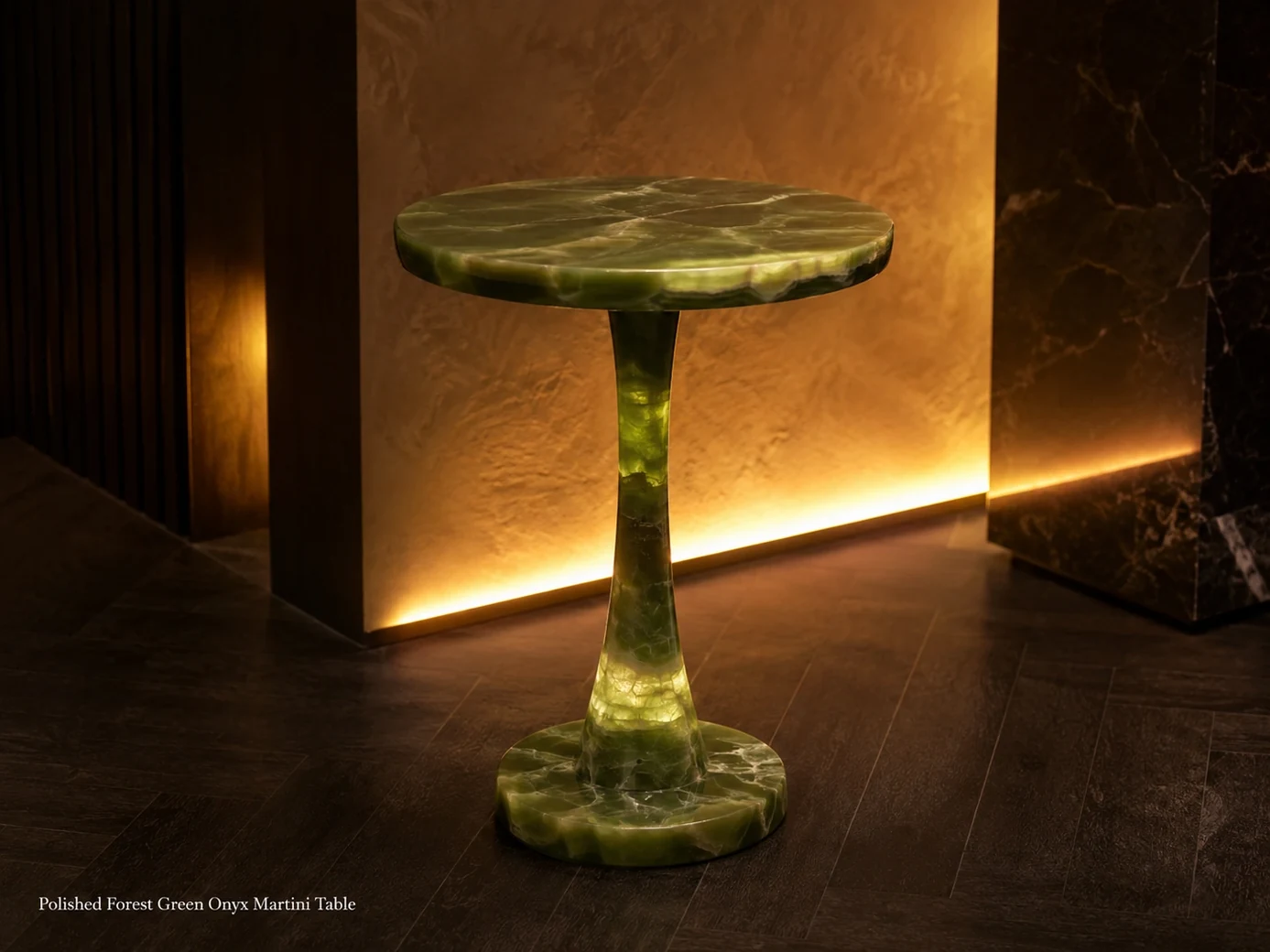 Forest green onyx martini table shown in side profile with subtle floor backlighting in a cocktail lounge