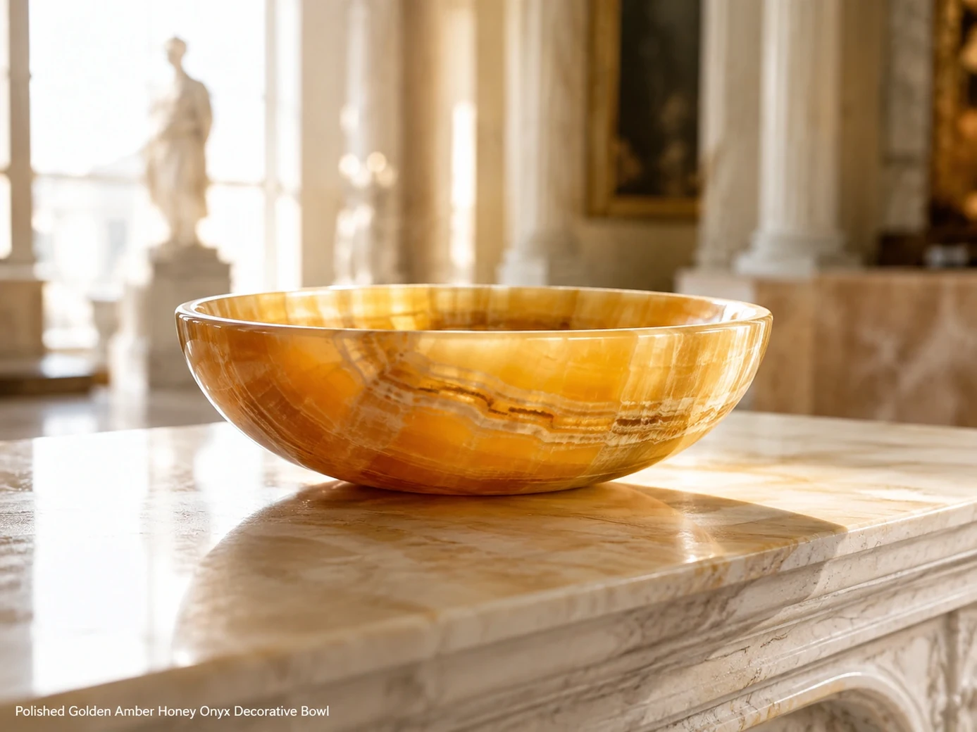 Side-profile Golden Honey Onyx bowl in sunlight, glowing amber with cream-caramel mineral bands and polished edge.