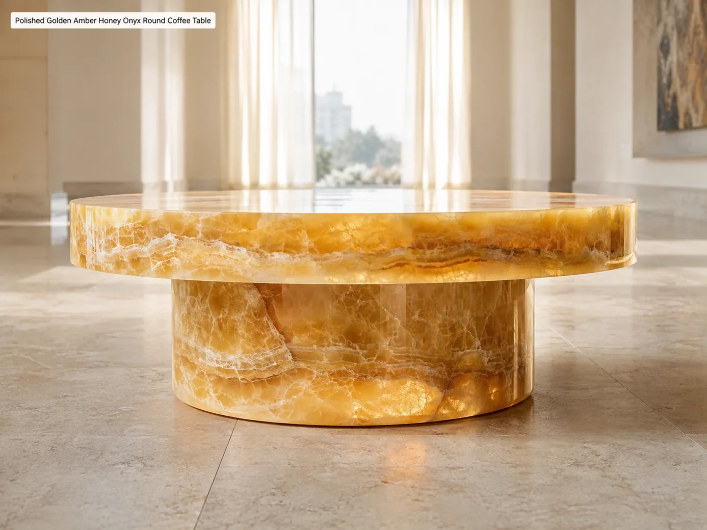 Golden amber honey onyx coffee table shown from floor level in a bright warm-ivory gallery