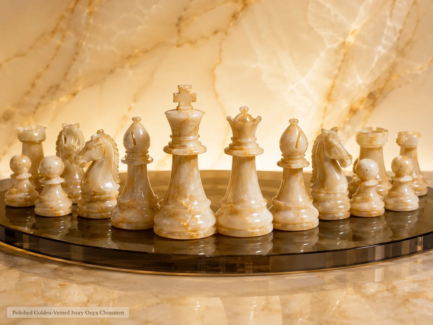 Ivory onyx chess pieces arranged in a semicircle on smoked glass with subtle warm backlighting