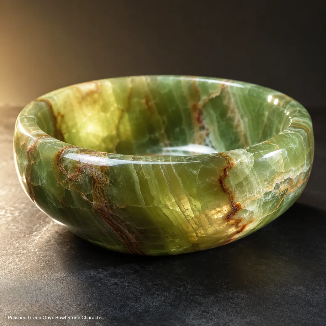 Polished Green Onyx bowl with jade-green translucent bands, rust-brown veins and luminous stone depth
