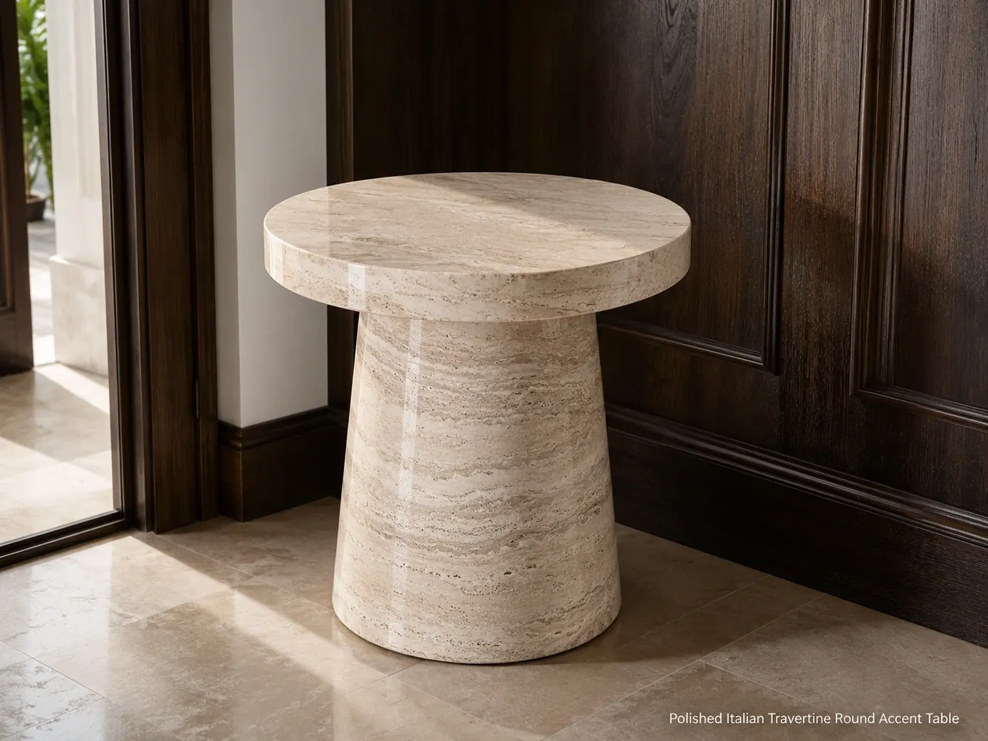 Polished cream travertine accent table viewed from above in a walnut-panelled entry niche