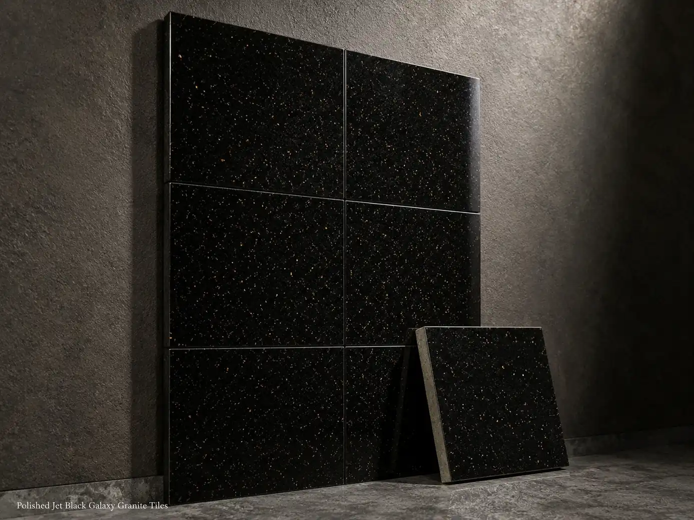 Black Galaxy granite feature tiles installed vertically with one loose tile showing edge thickness