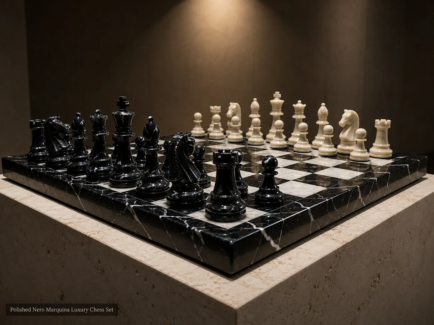 Nero Marquina chess set viewed from board level on a limestone pedestal under a warm gallery spotlight