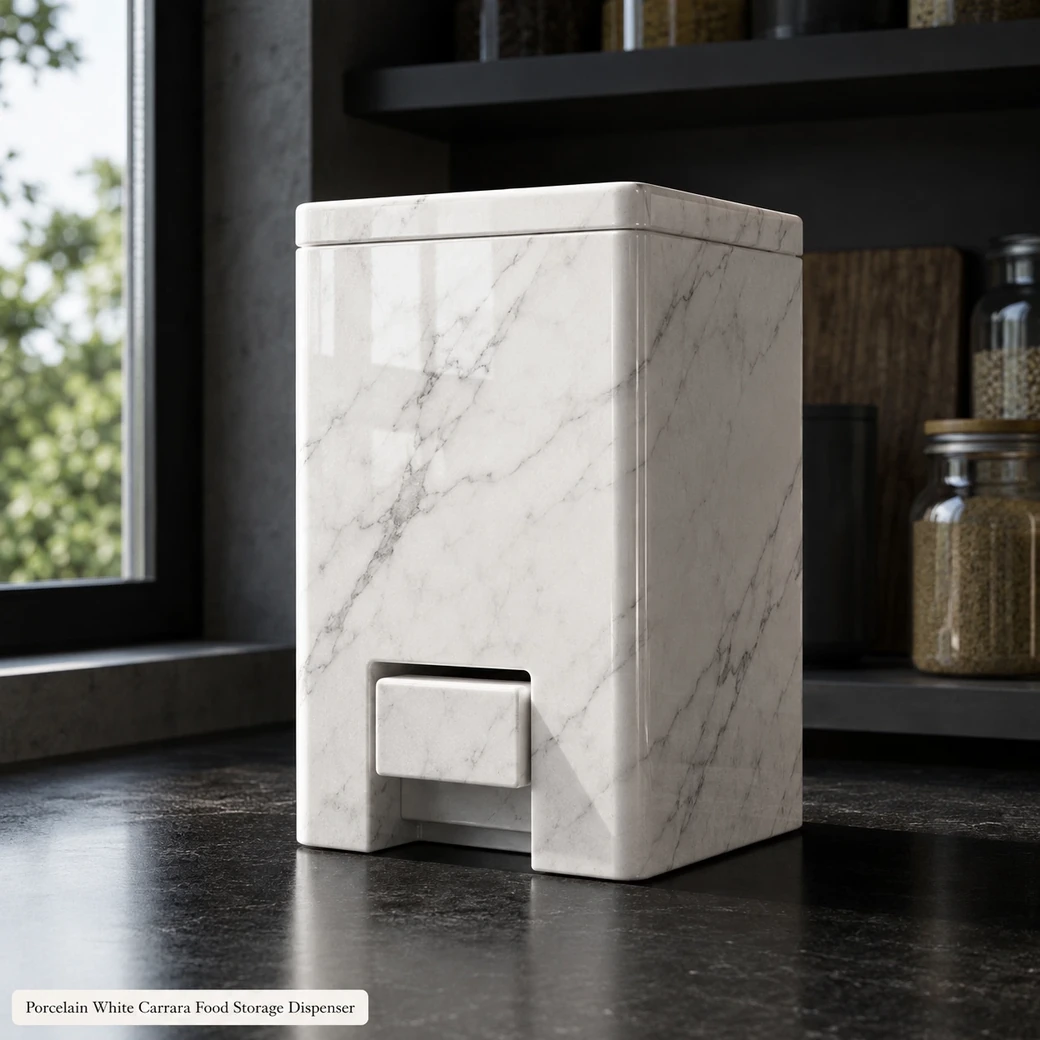 Porcelain white Carrara food dispenser on a charcoal pantry counter, low front view with fitted lid and outlet