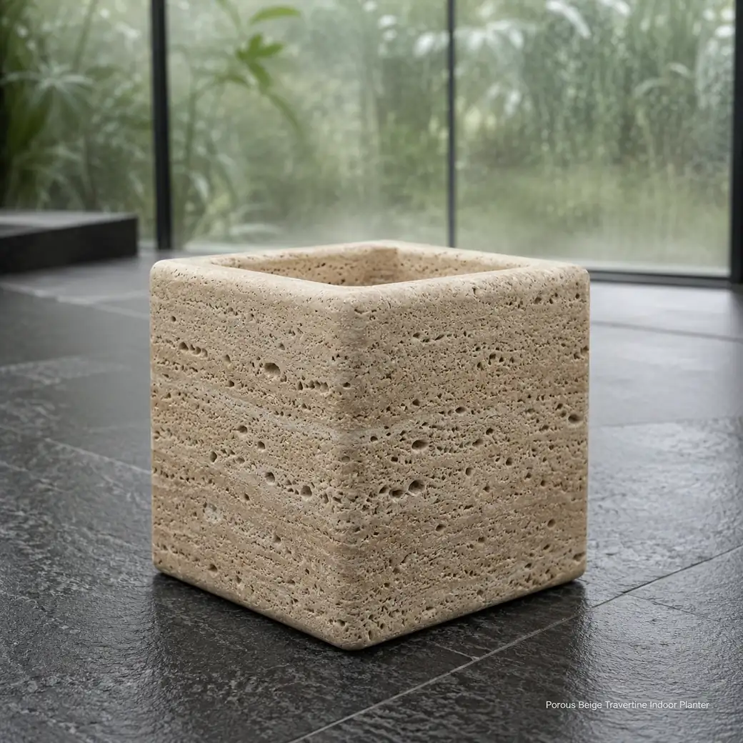 Earth beige travertine planter on charcoal floor, low corner view showing thick walls and empty brushed cavity.