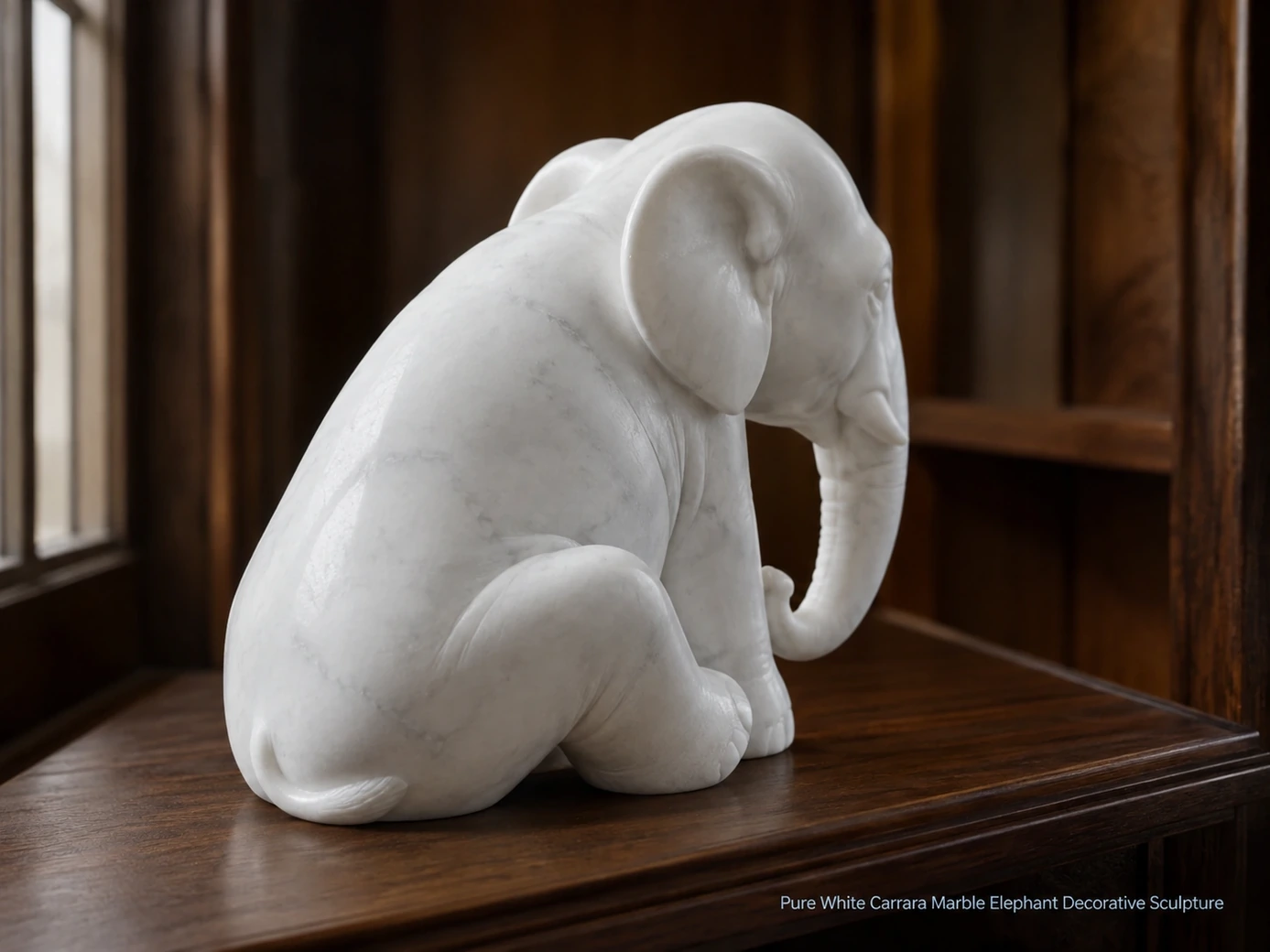Rear-side Carrara marble elephant sculpture on walnut shelf, showing pure white sanded stone and hand-carved contours.