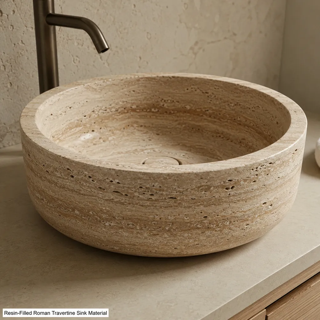 Resin-filled honed Roman Travertine sink with warm beige stone and subtle brown natural movement