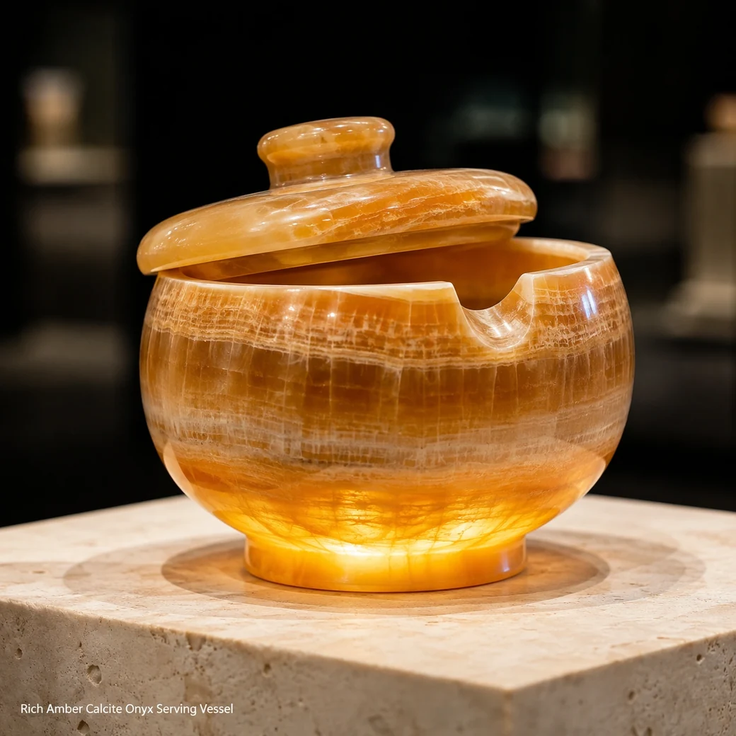 Honey amber onyx jar on limestone plinth, low front view with lifted lid and warm translucency from below.