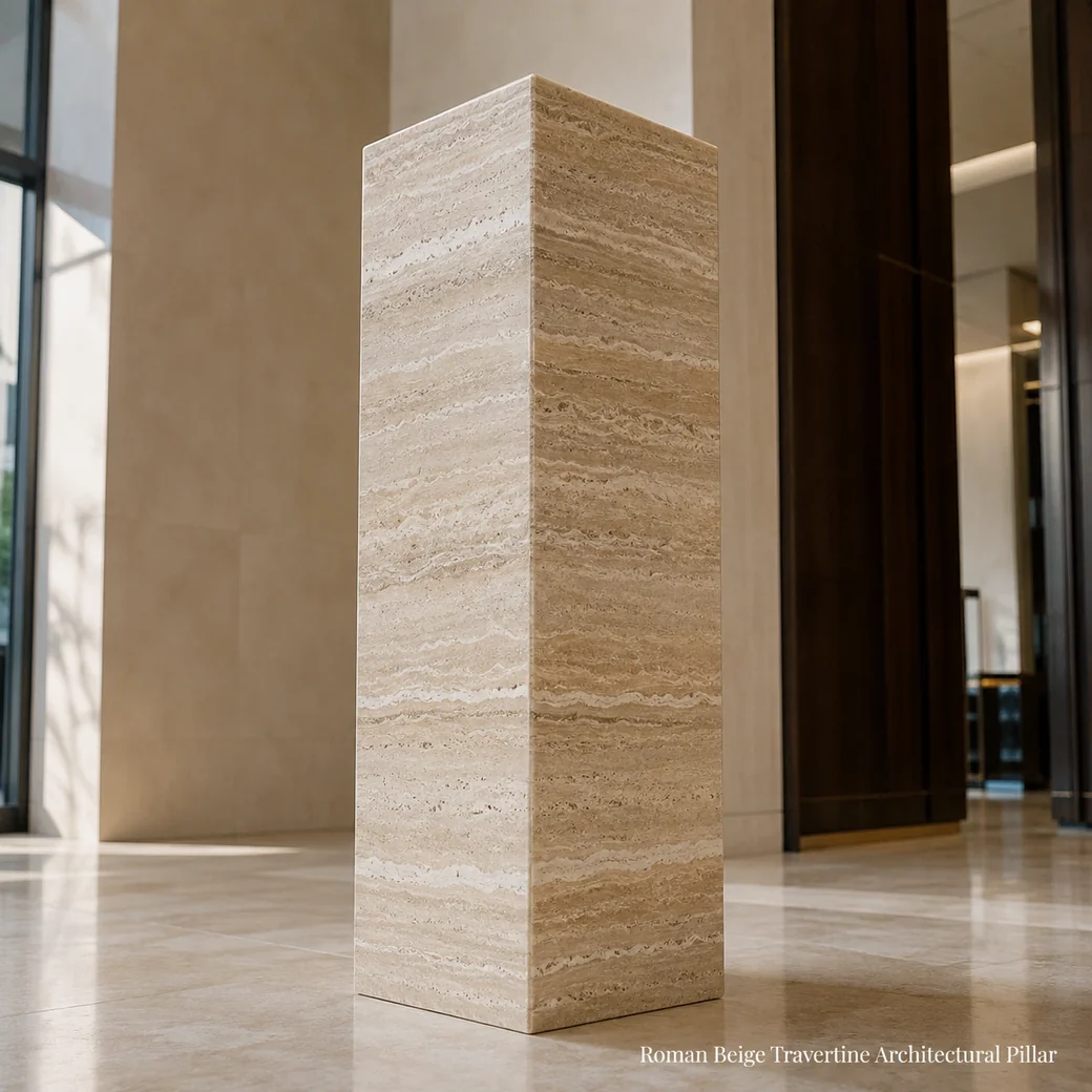 Roman beige travertine architectural pillar with soft white veining and polished finish