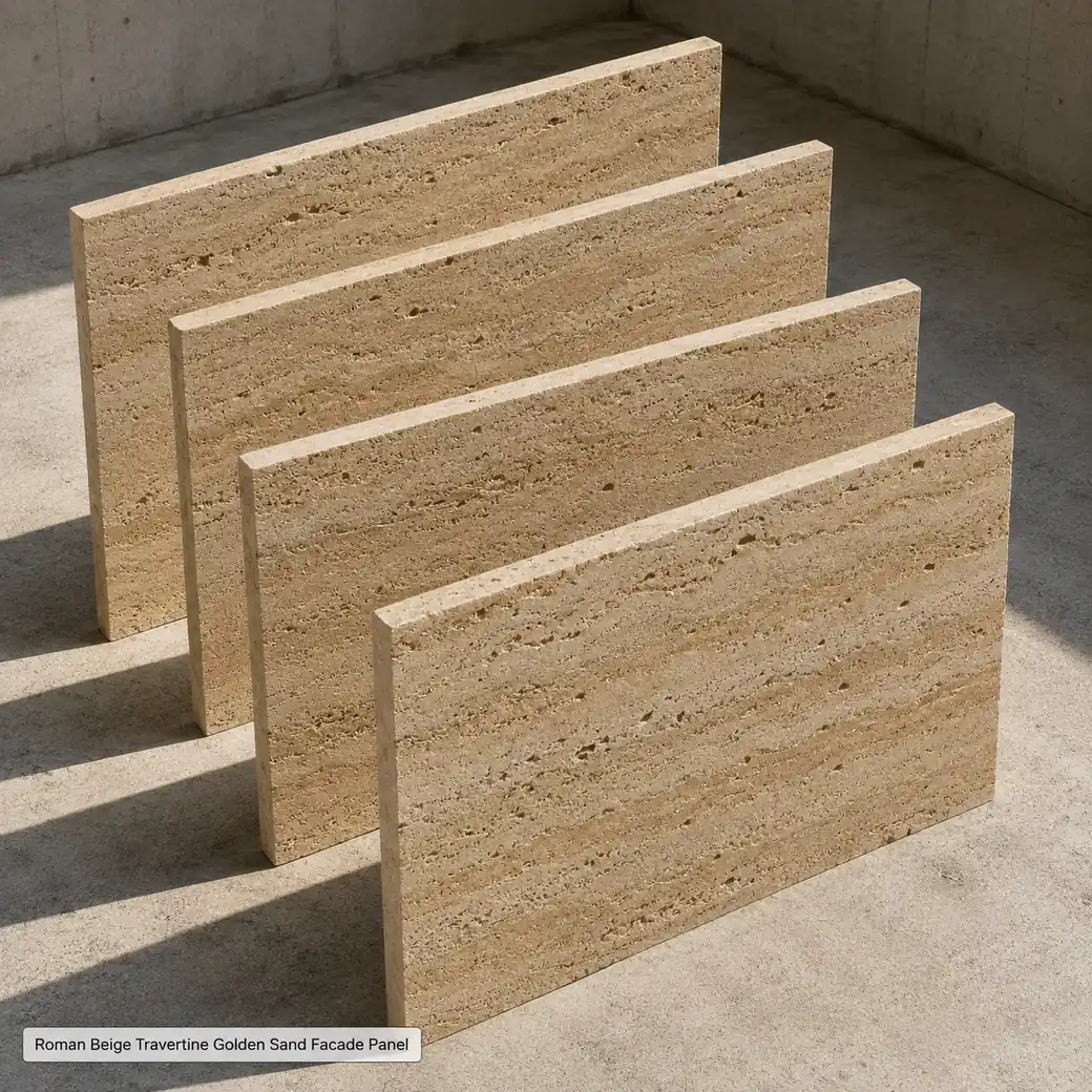 Four golden Roman travertine panels form a loose freestanding screen, revealing sandblasted texture and exposed edges.