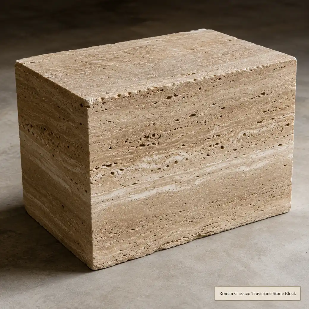 Roman Classico travertine stone block with warm taupe beige and ivory veins