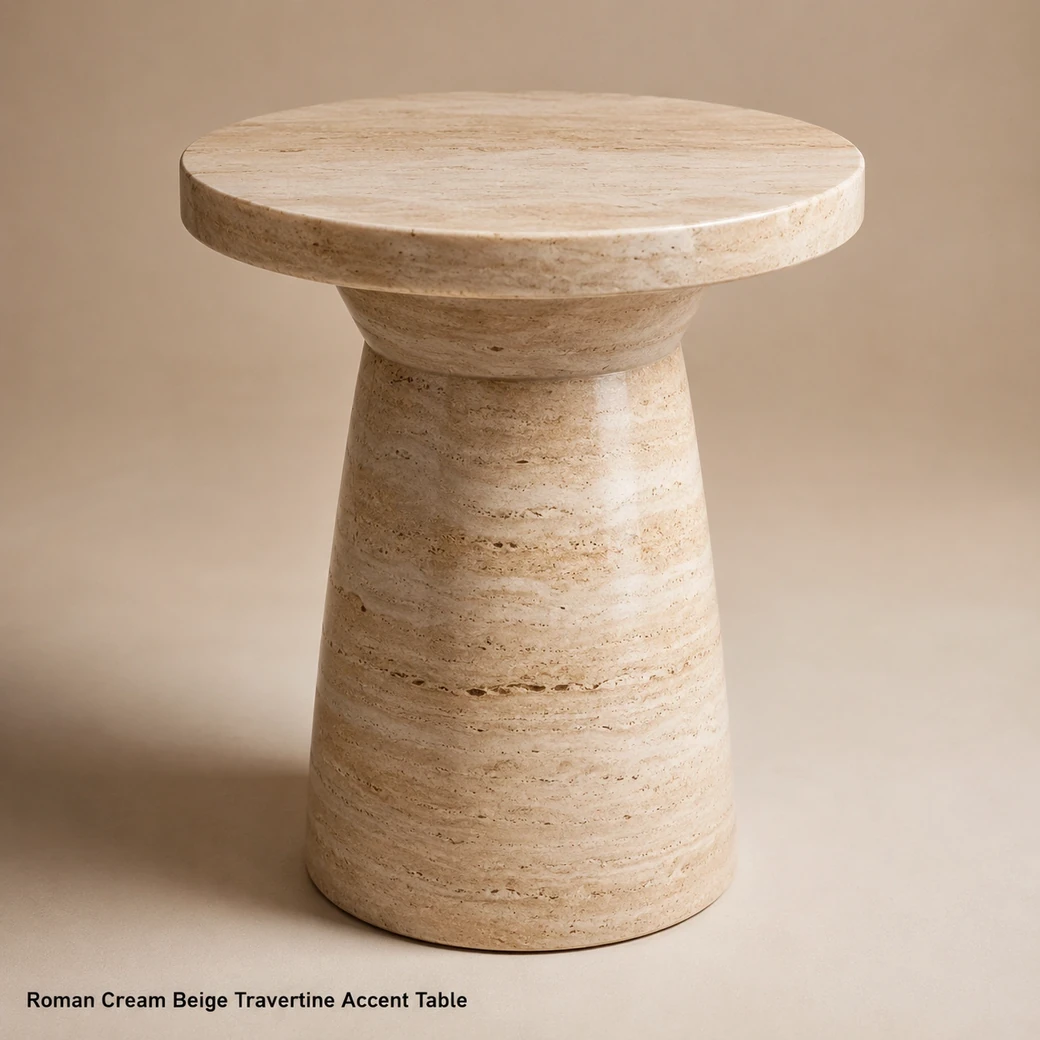 Roman cream beige travertine accent table with polished stone finish