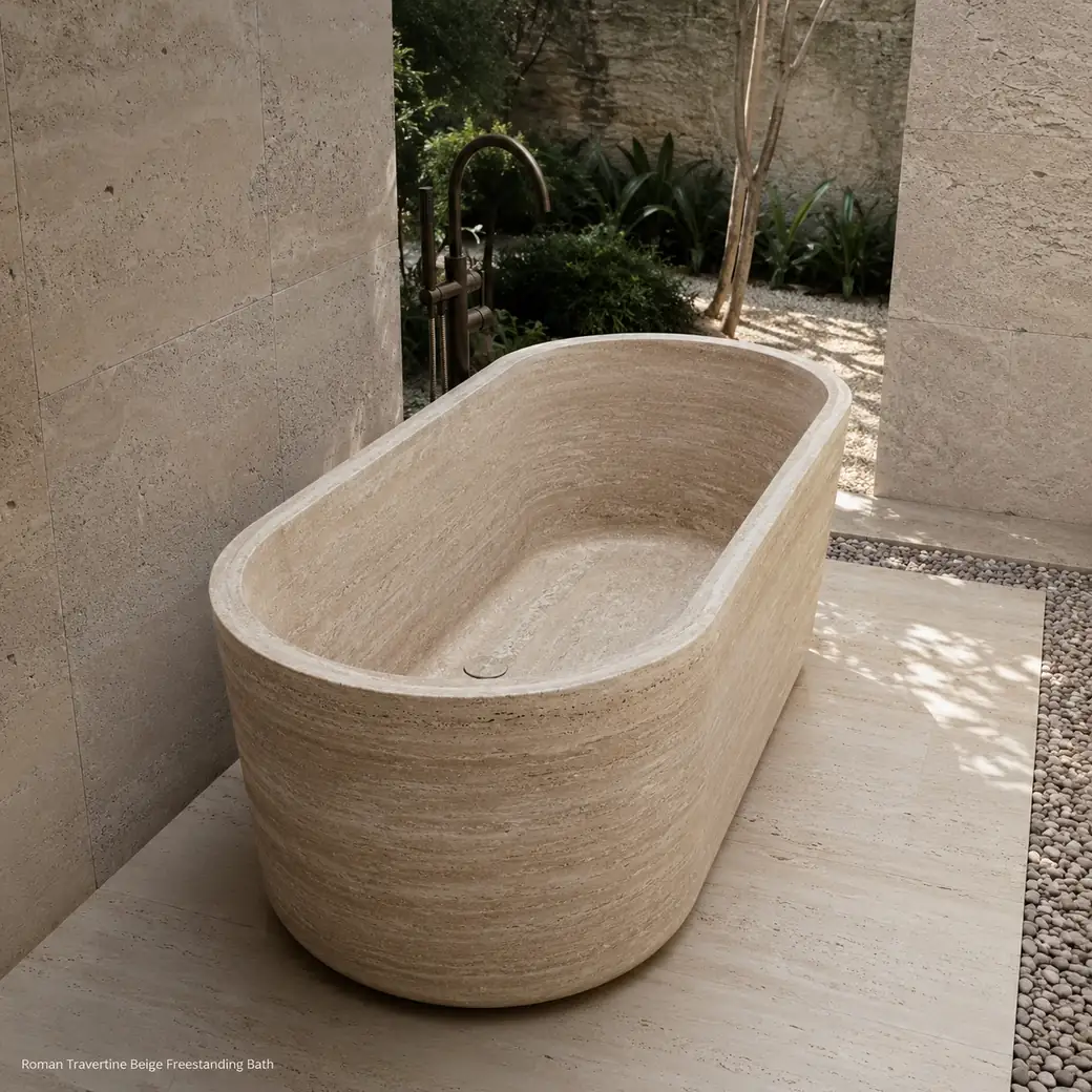Rear-angle Roman Travertine bath in an open courtyard with thick rim, deep interior and natural stone banding.