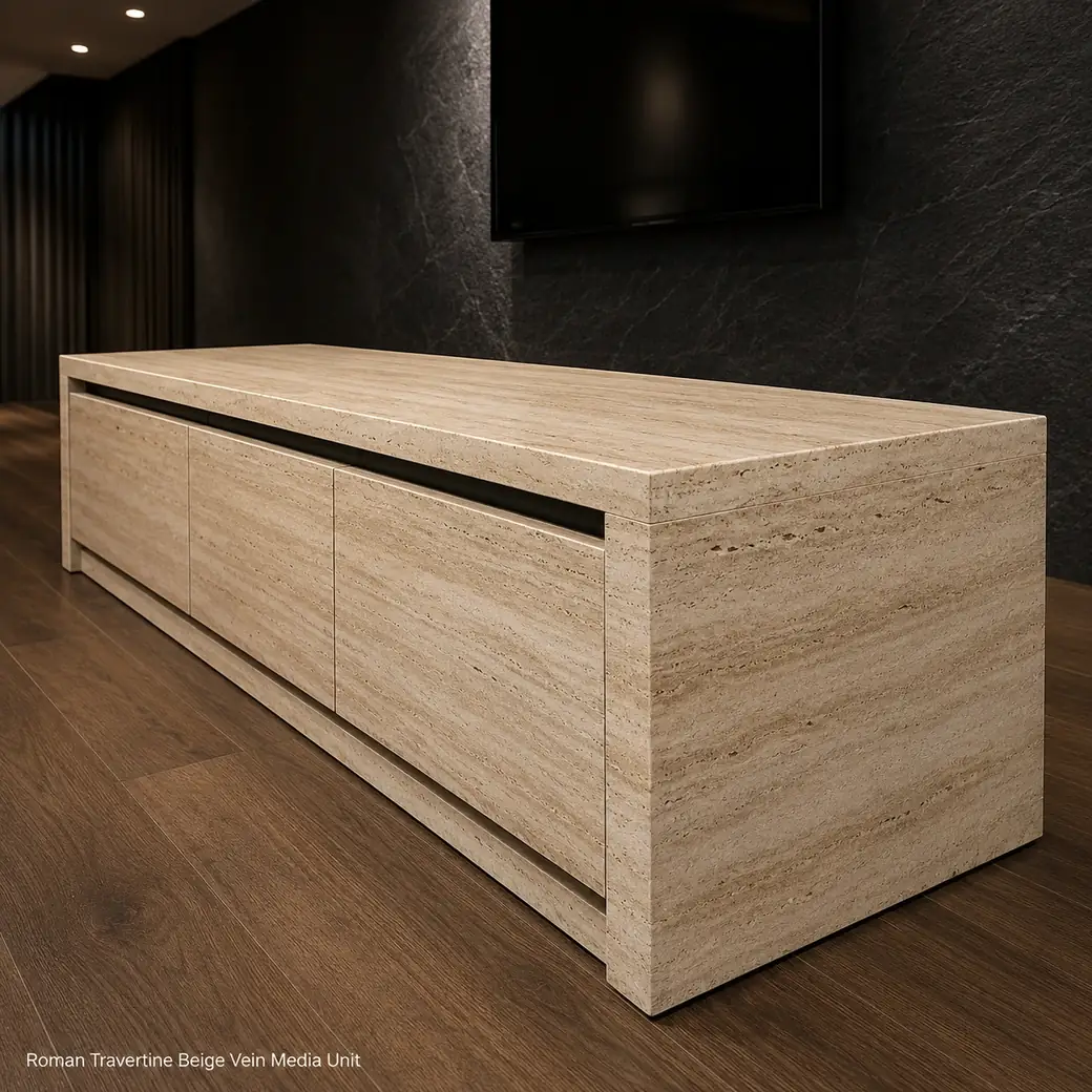 Oblique Roman Travertine media unit showing storage fronts, top depth and continuous beige stone banding.