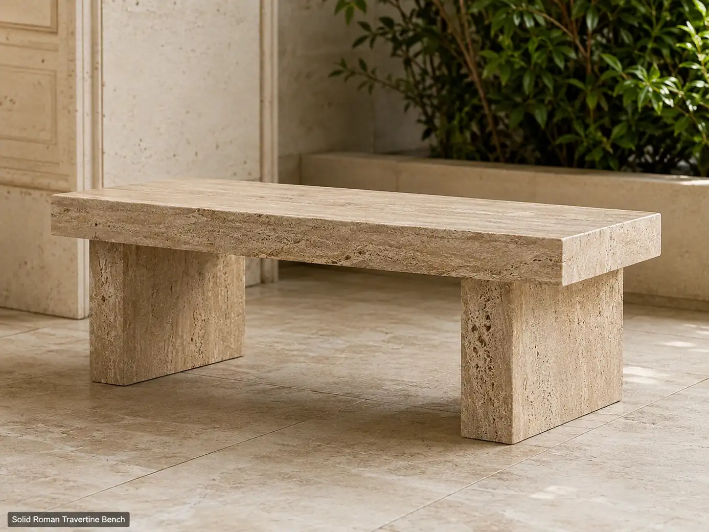 Brushed Roman travertine bench with thick stone seat supported by two substantial end supports.