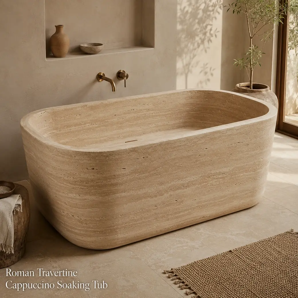 Roman Travertine freestanding soaking tub in light cappuccino beige with subtle horizontal banding.