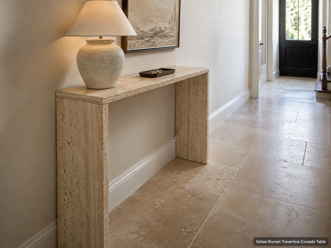 Honed Roman travertine console table placed in a narrow hallway with lamp, key tray and wall art.