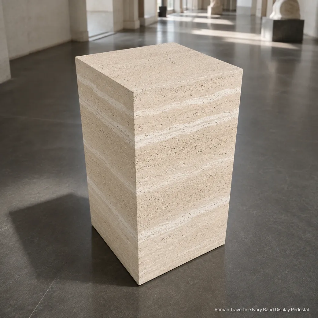 High-angle Roman Travertine display pedestal in a gallery with visible top plane and wrapped ivory banding.