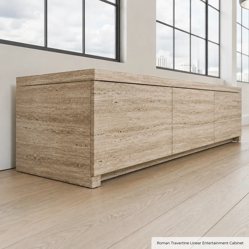 Low side-profile Roman Travertine media unit in a bright loft with beige linear stone movement.