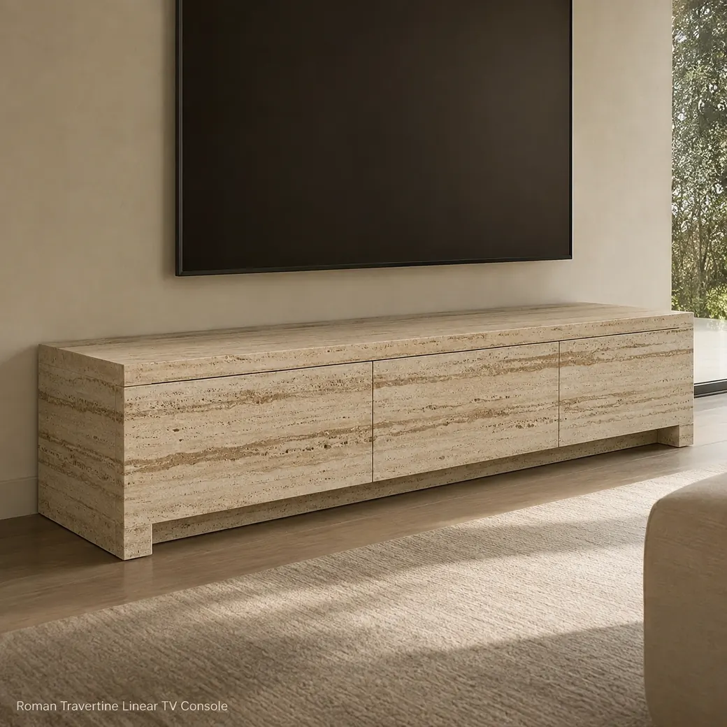 Roman Travertine TV console in natural beige with linear brown veining and a honed matte finish.