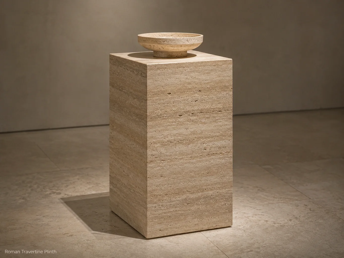 Sanded Roman travertine plinth supporting a small sculpture in a minimalist gallery setting.