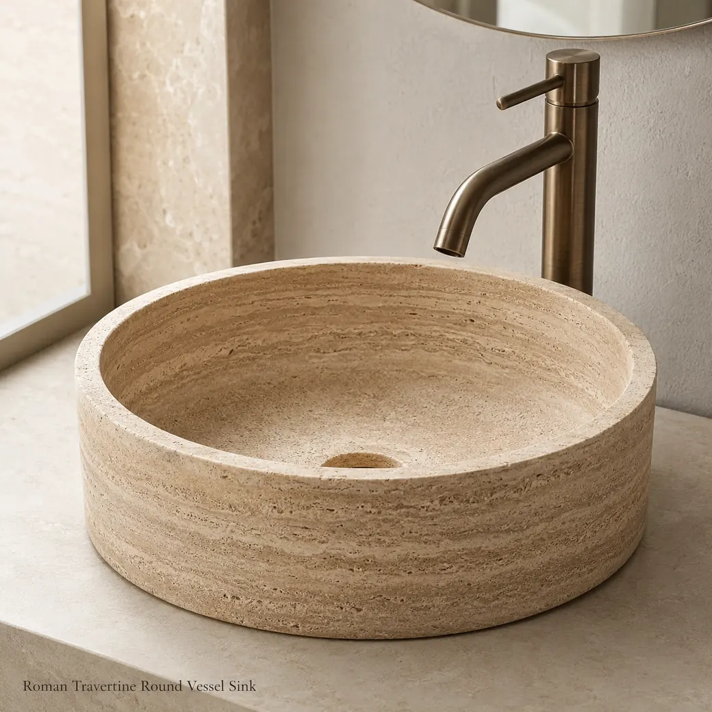 Roman Travertine round vessel sink in warm beige with subtle brown banding and resin-filled honed finish.