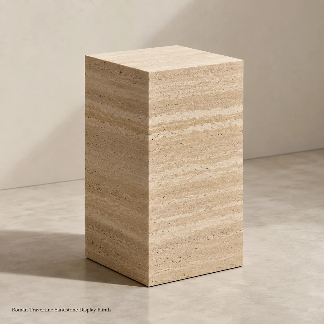 Roman Travertine display plinth in sand beige with ivory bands and a fine-textured Arenado finish.