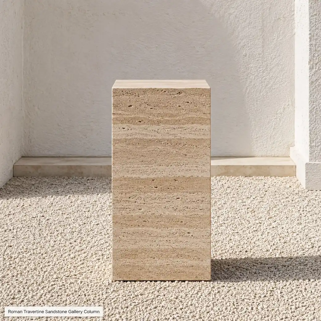 Front-view Roman Travertine display column in a sunlit courtyard with sand-beige ivory banding.
