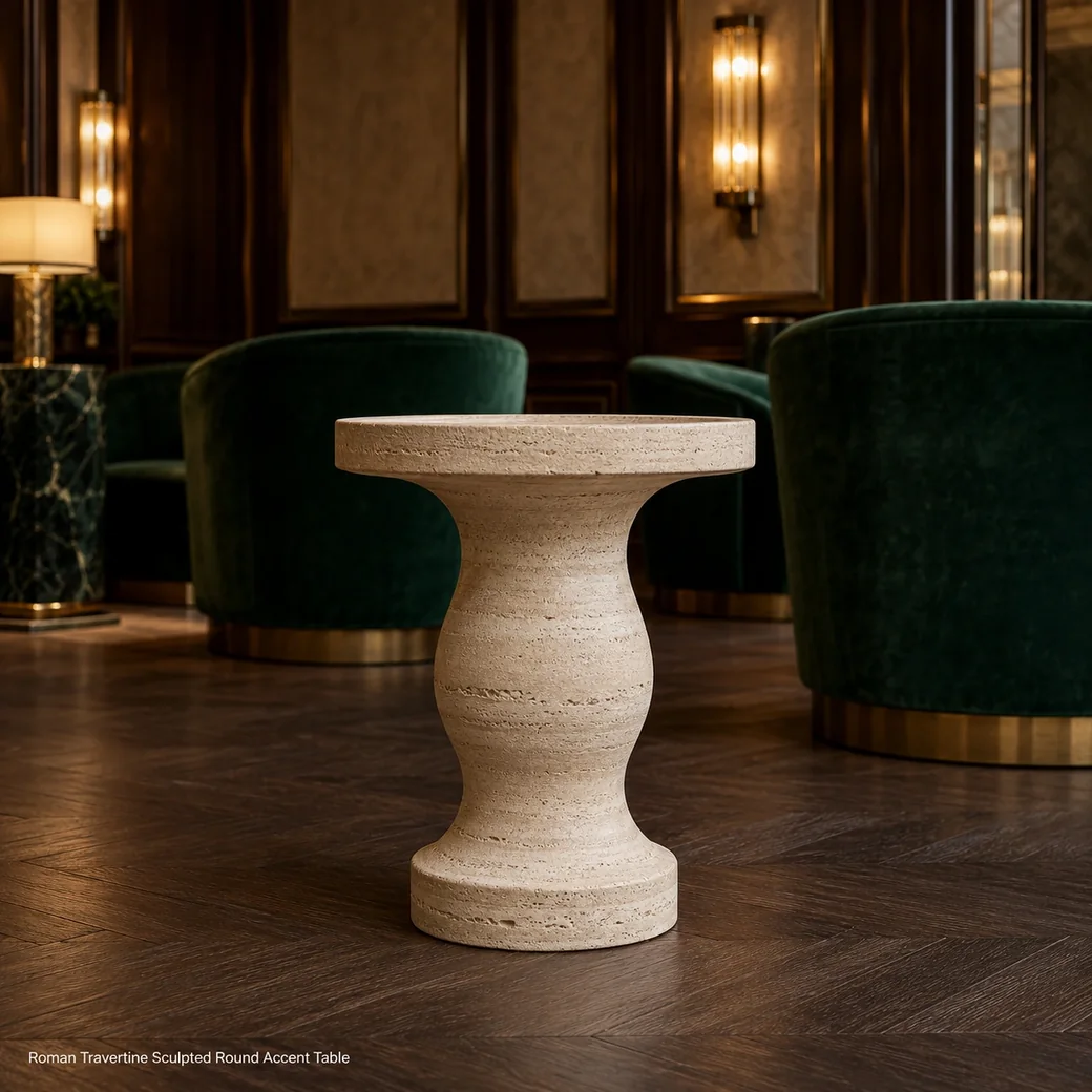 Side-profile Roman Travertine tray table in an Art Deco lounge with warm beige brushed-honed stone.