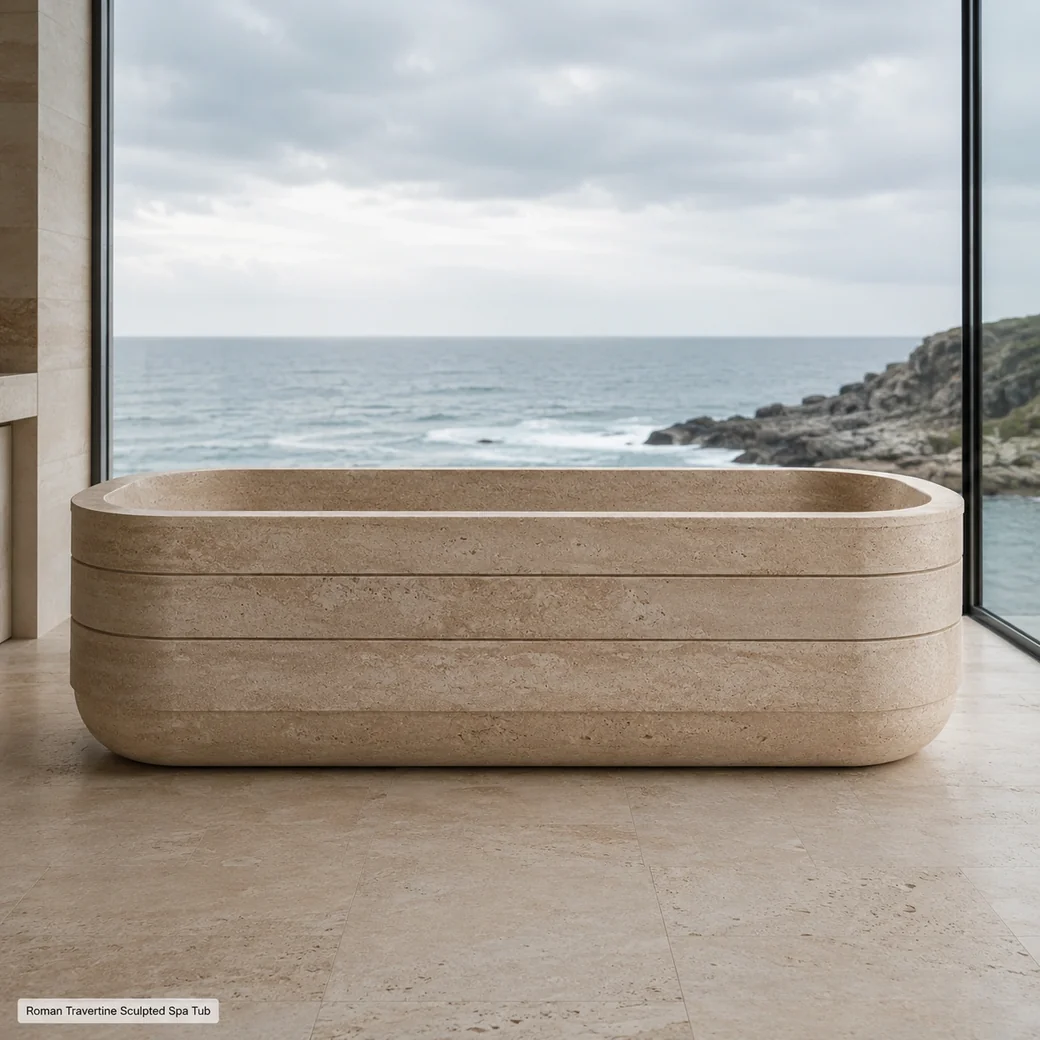 Side-elevation Roman Travertine freestanding bath in a coastal bathroom with cappuccino beige bands.