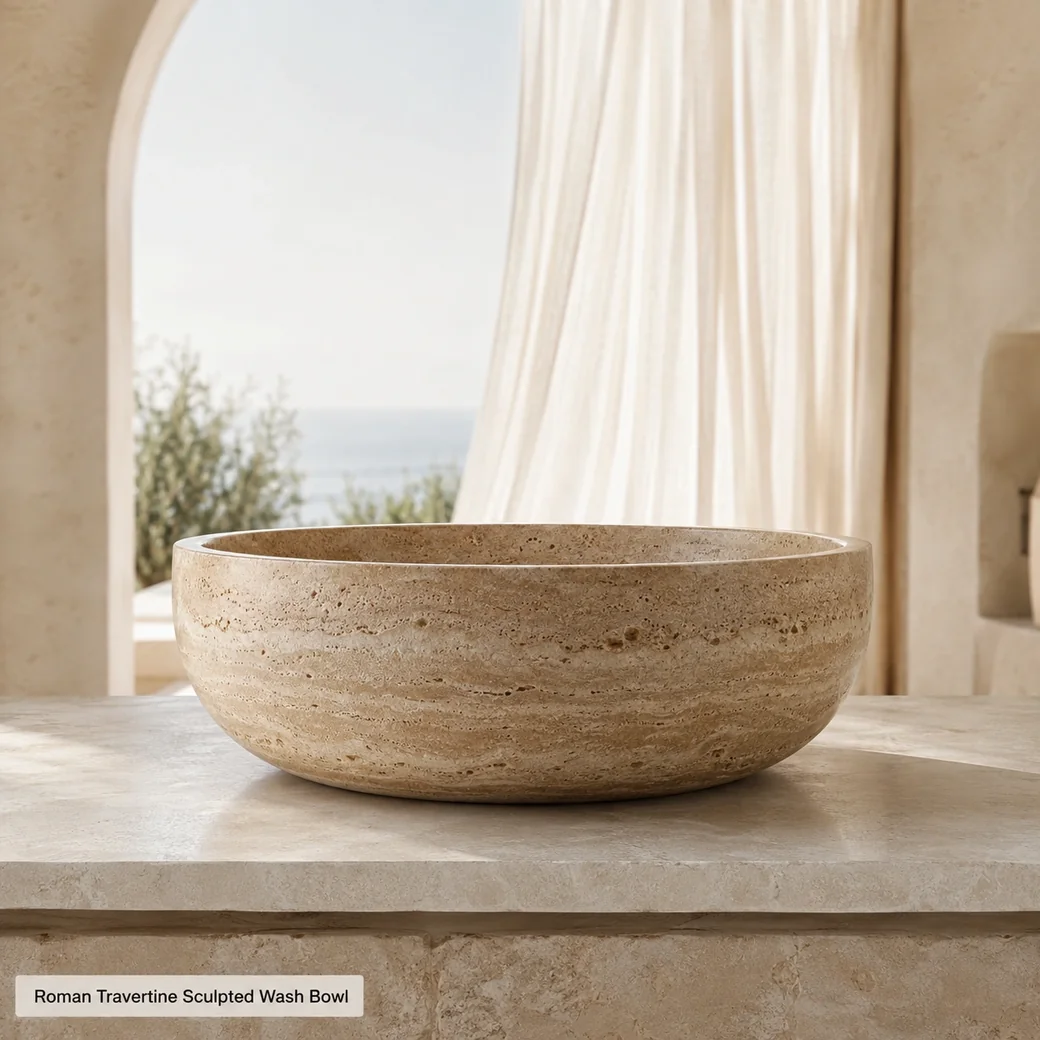 Side-profile Roman Travertine vessel basin in a Mediterranean spa with warm beige banding.