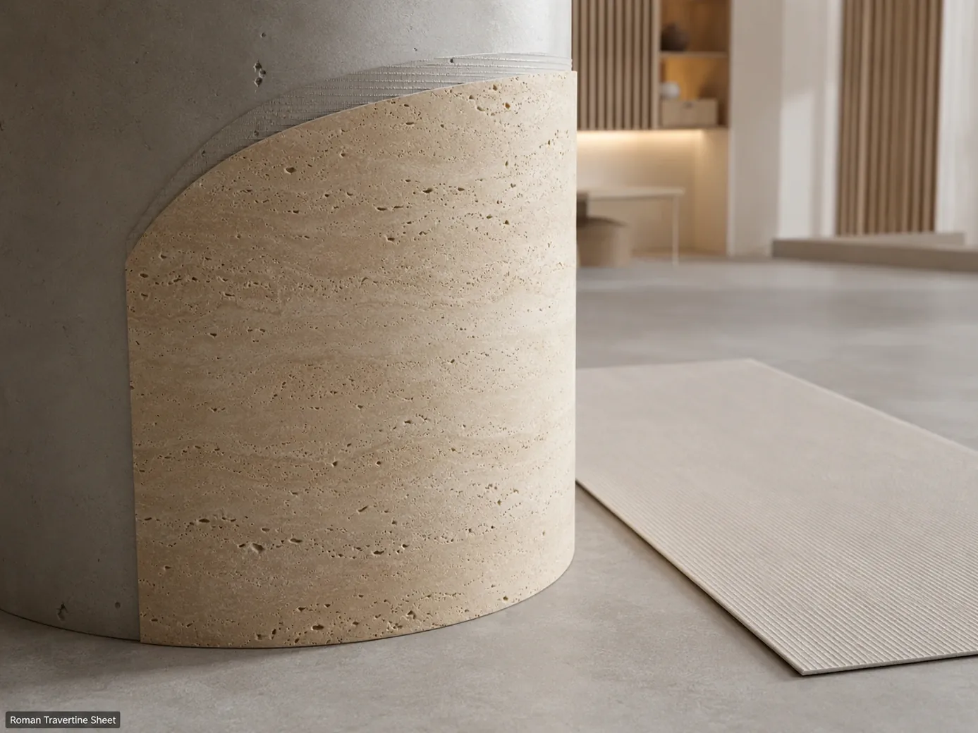 Sanded Roman travertine sheet wrapping a gently curved column with its thin backed construction visible.