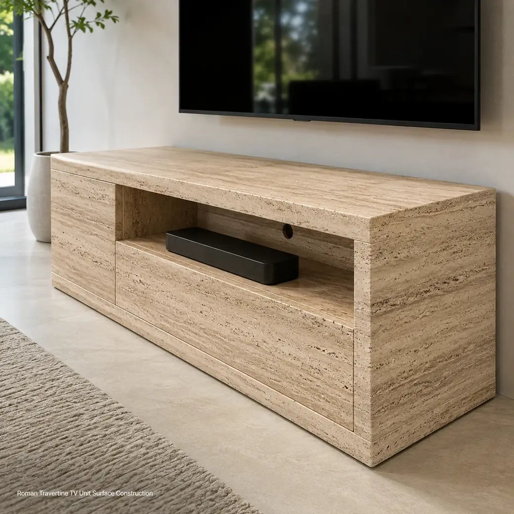 Honed-masticated Roman Travertine TV unit showing beige linear veining, stone joints and equipment bay