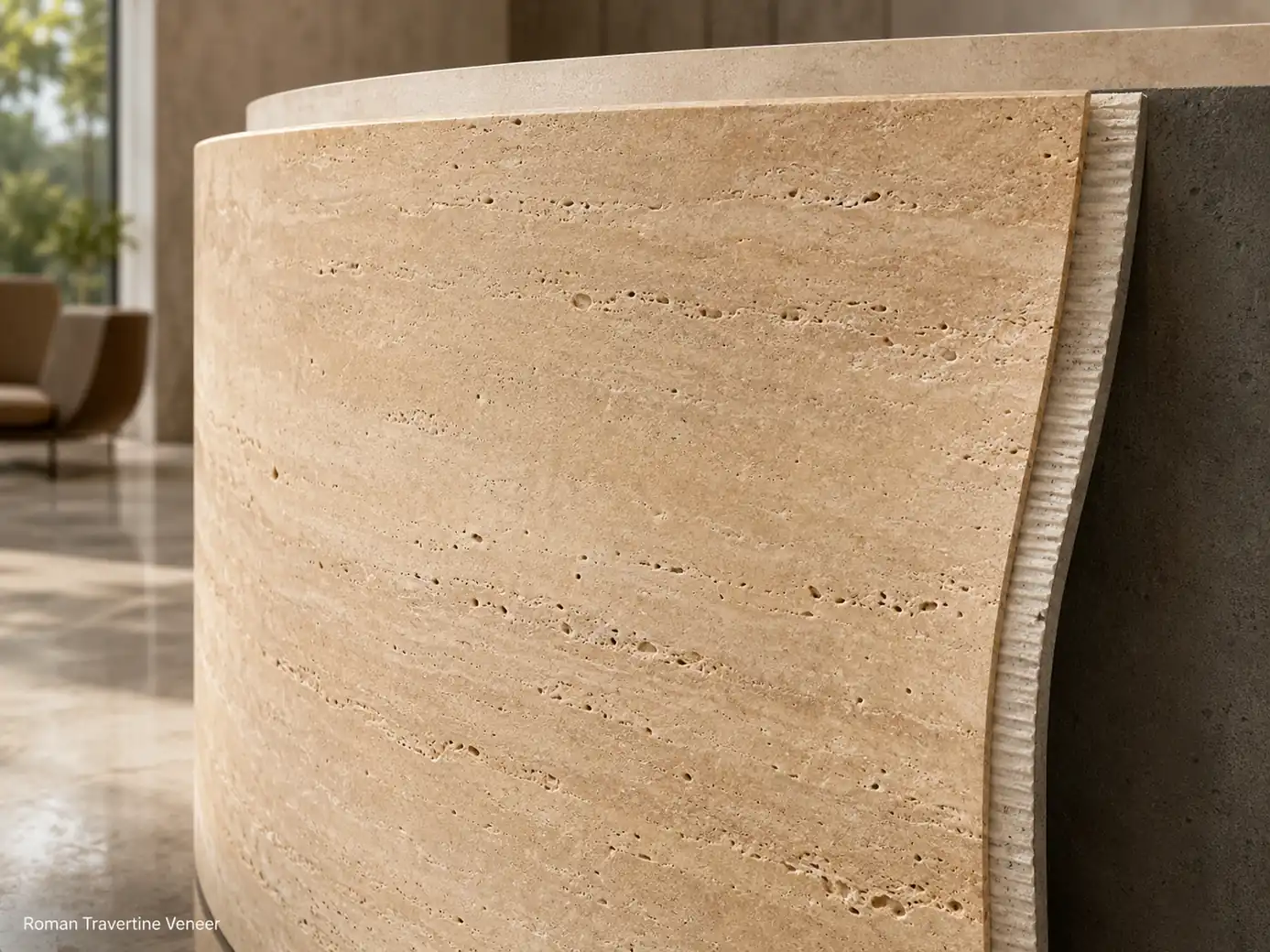 Brushed Roman travertine veneer wrapping a curved reception surface with its thin stone backing visible