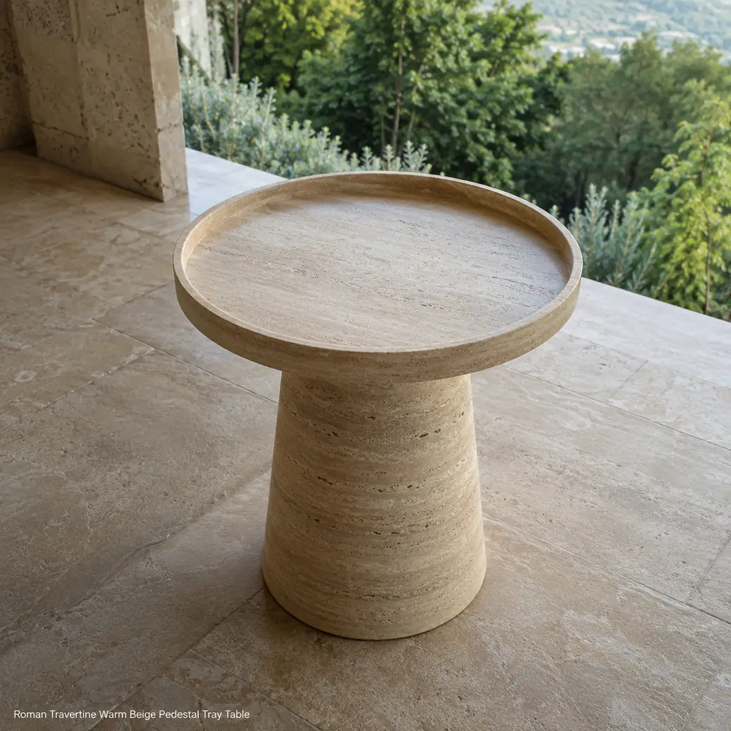 High-angle Roman Travertine pedestal tray table on a covered terrace with its circular raised top visible.