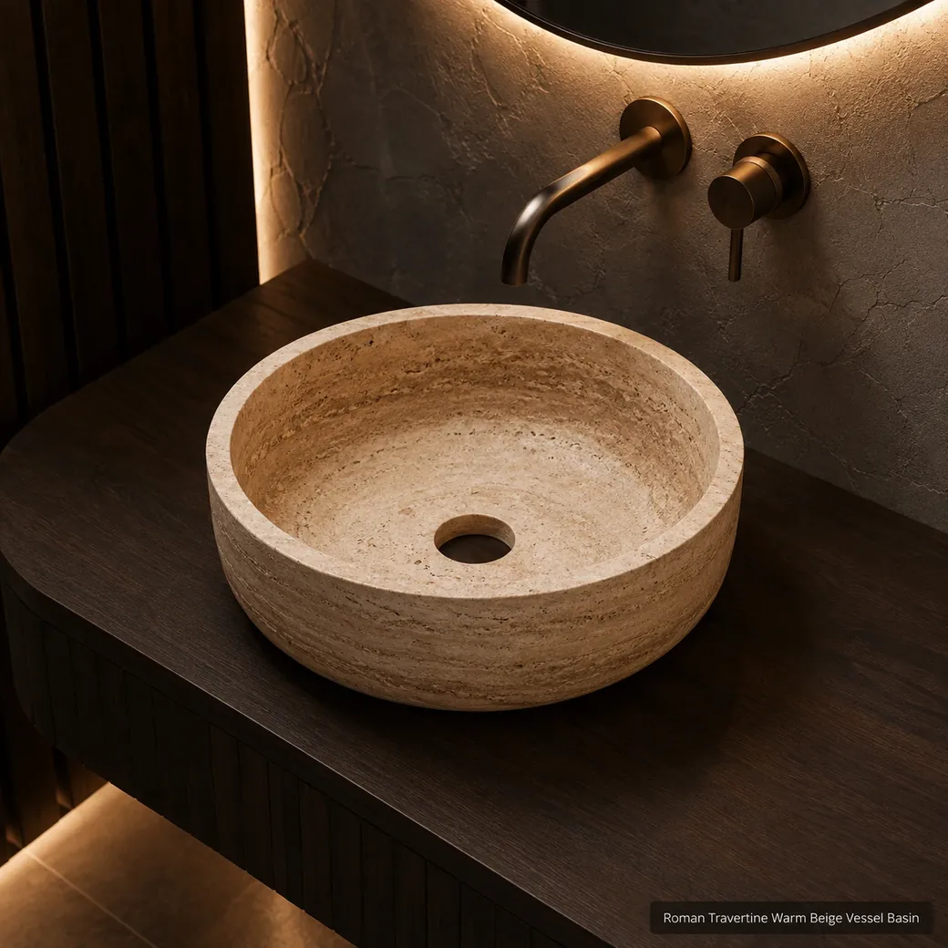 Overhead Roman Travertine vessel basin on a walnut vanity with visible bowl interior and circular rim profile.