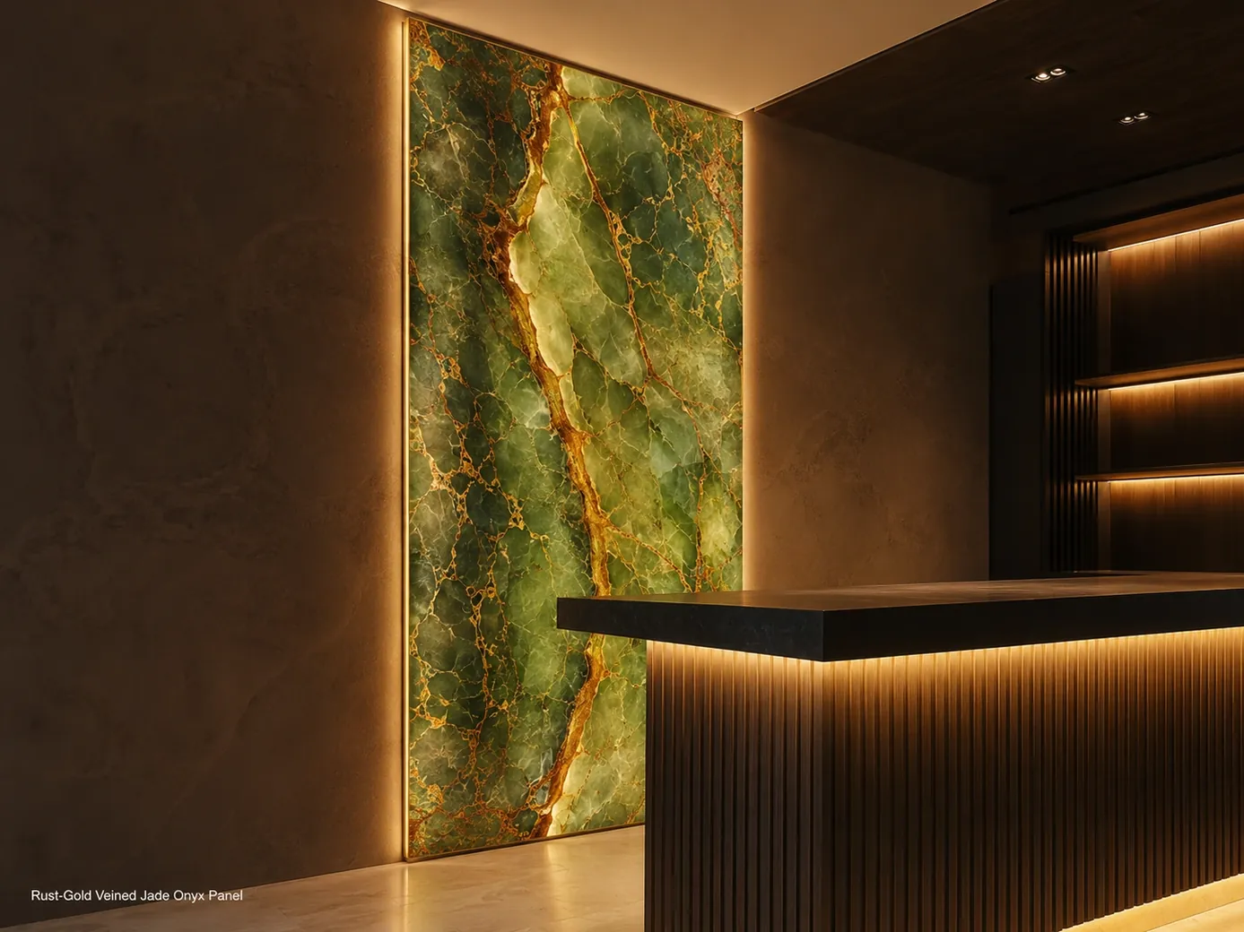 Jade onyx wall panel installed behind a bar with subtle backlighting revealing rust-gold veins