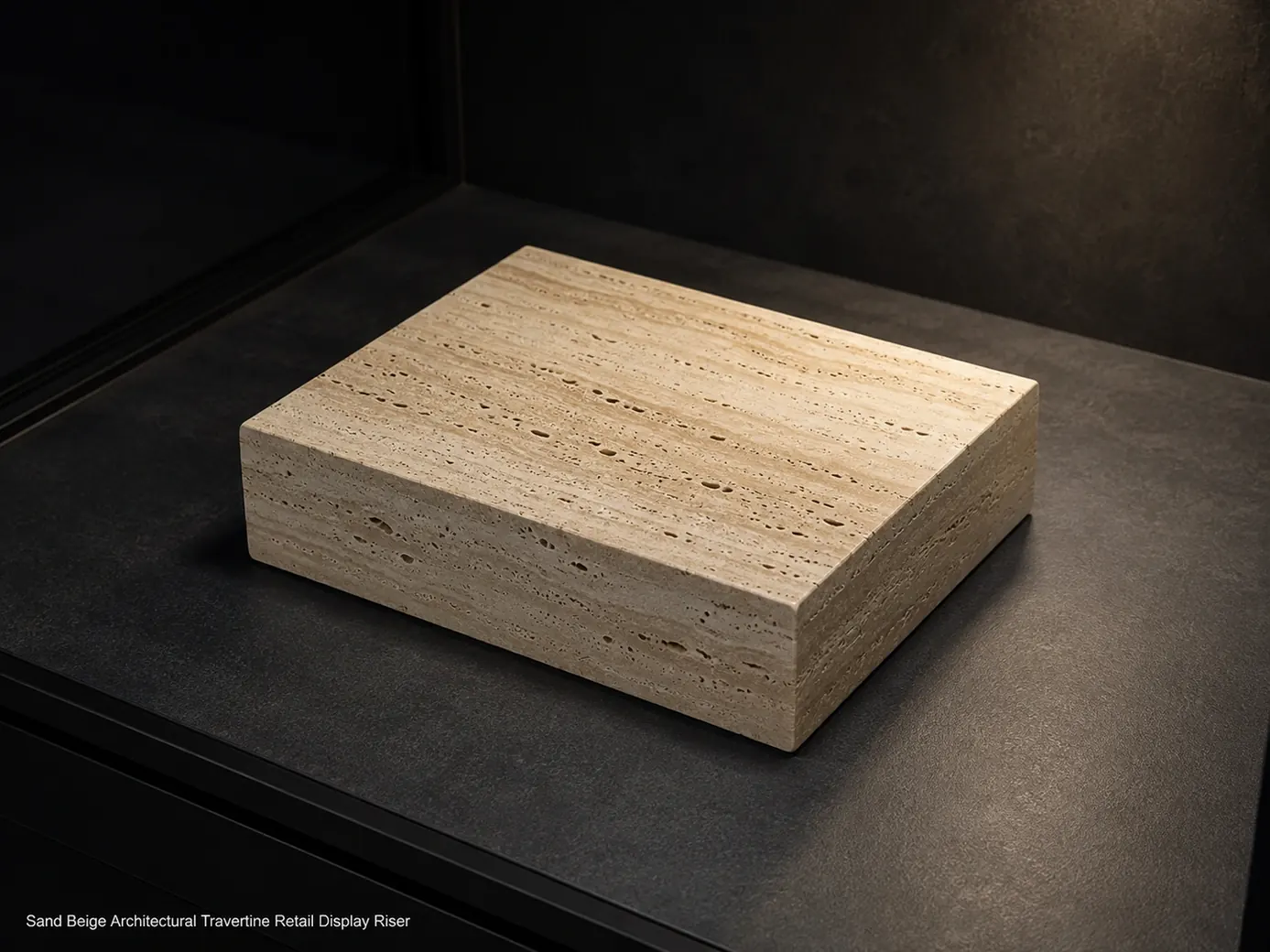 High rear view of sand beige travertine display riser in dark cabinet, emphasizing open pores and brushed stone grain.