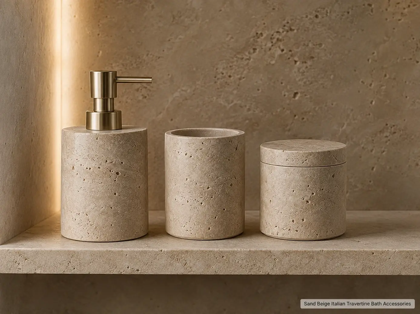 Sand-beige travertine bath accessory set arranged in a linear row on a floating stone ledge