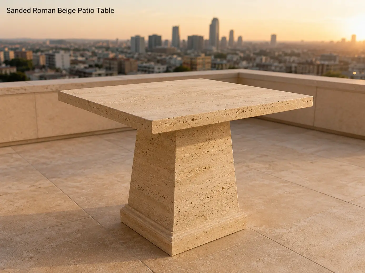 Roman beige travertine patio table seen from a rear corner on a rooftop terrace at golden hour