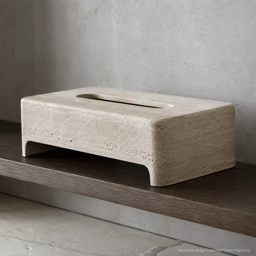 Sandstone beige travertine tissue cover on dark oak shelf, low side view showing brushed pores and top opening.
