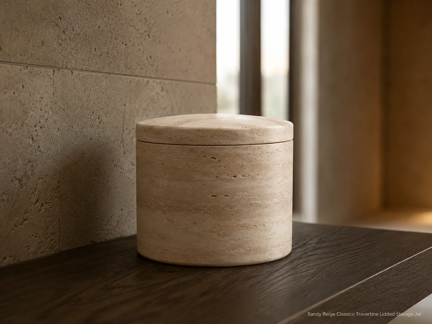 Closed Classico Travertine storage jar on dark oak shelf, featuring sandy beige bands and brushed stone texture.