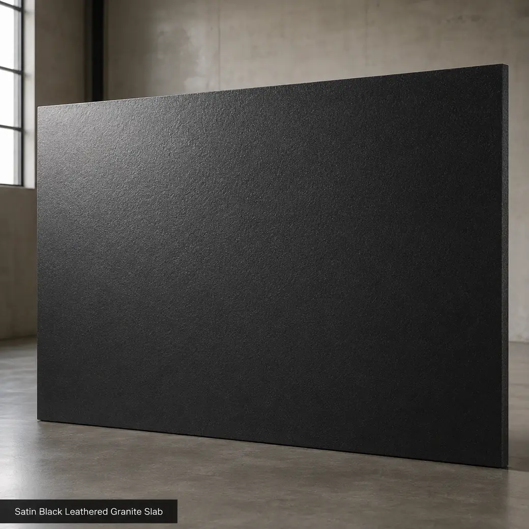 Satin black Absolute Black granite slab with textured leathered finish