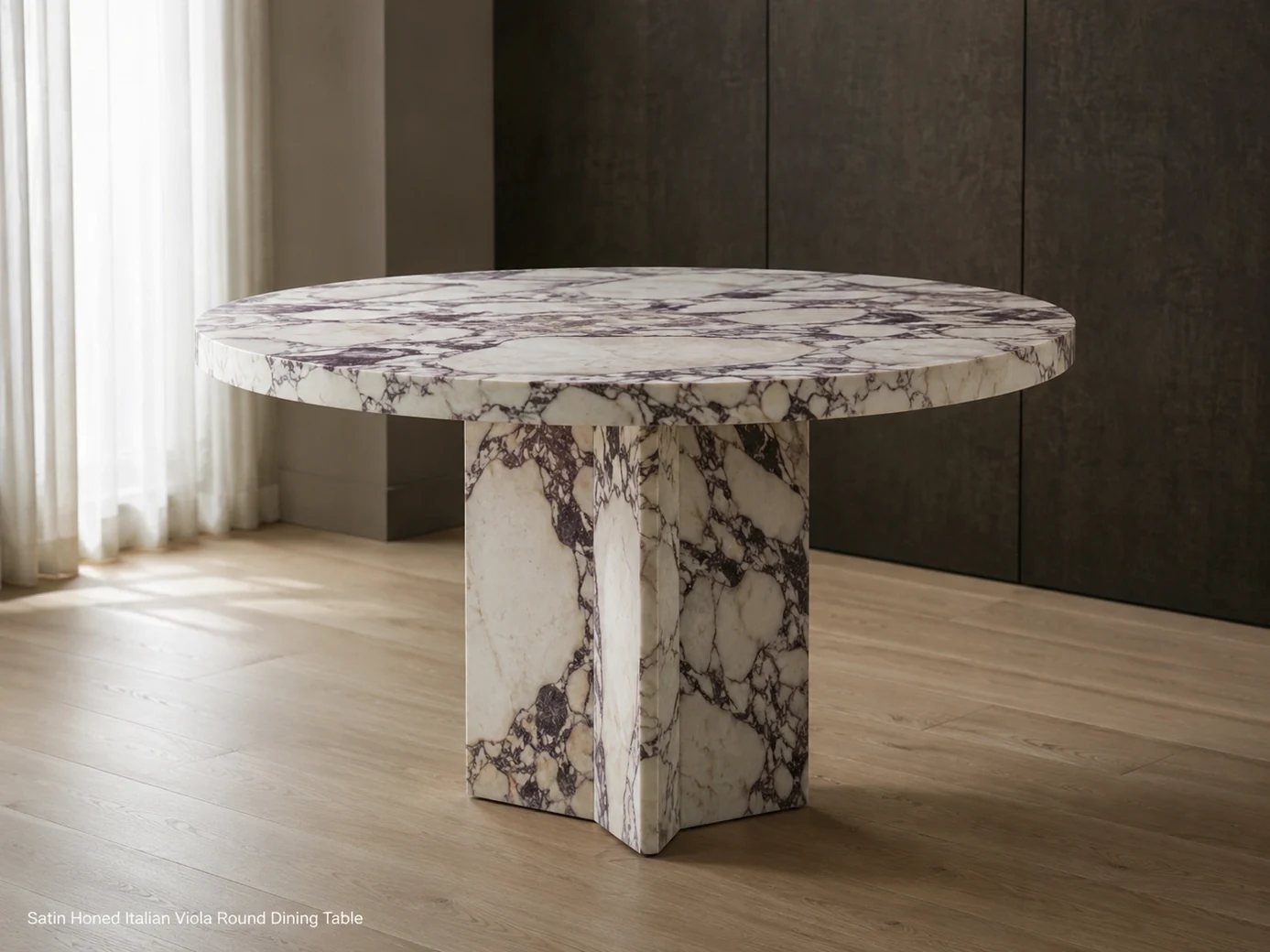 Satin-honed Viola dining table viewed low from the side in a contemporary dining alcove