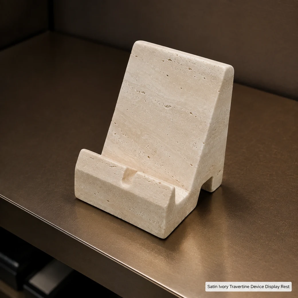 Ivory travertine tablet dock on dark bronze shelf, high macro view showing support groove and cable channel.